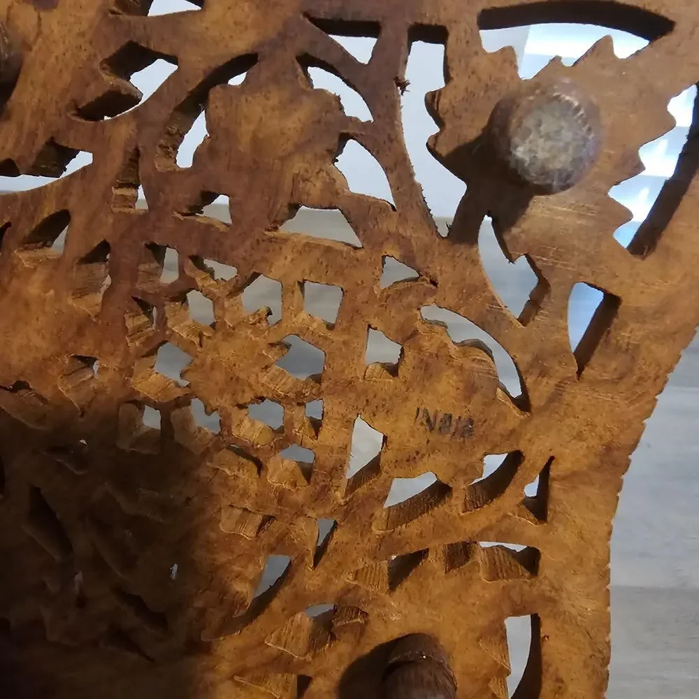 Vintage Hand Carved Wooden Trivet Indian Teak Hot Plate Boho Footed Wall Decor
